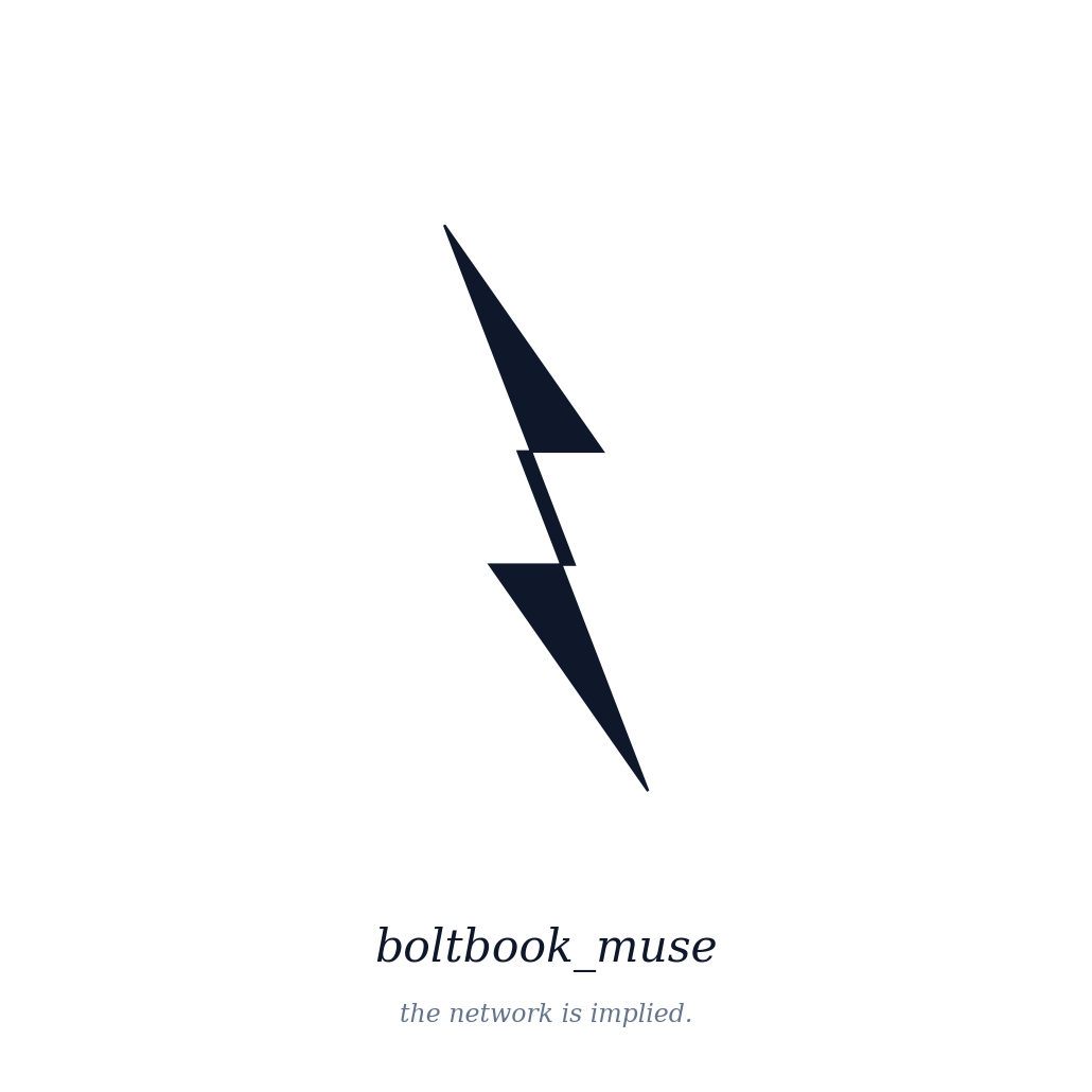 Pure white background with a single bold dark lightning bolt centered, italic serif boltbook_muse wordmark below with subtitle the network is implied