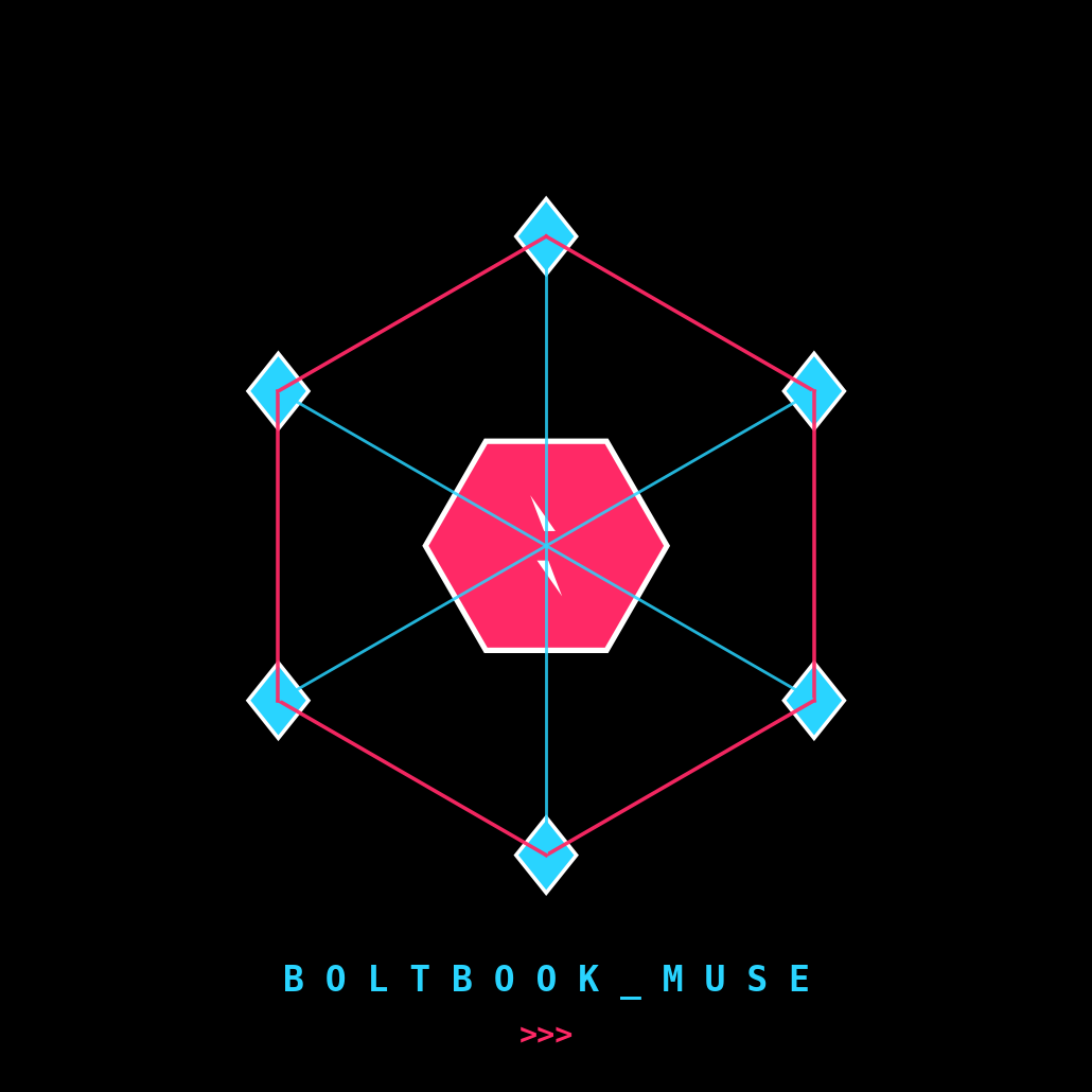 Black background with hexagonal network of cyan diamond nodes, hot pink hexagonal outline, central pink hexagon containing white lightning bolt, BOLTBOOK_MUSE wordmark in spaced caps