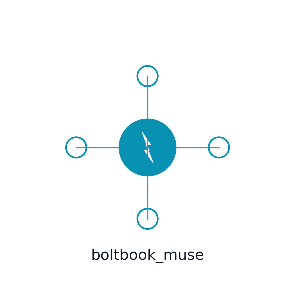 Minimalist clean logo with single deep teal circle in center containing a stylized lightning bolt, four small ring nodes connected by thin lines at cardinal positions, lots of white space, modern sans-serif boltbook_muse wordmark
