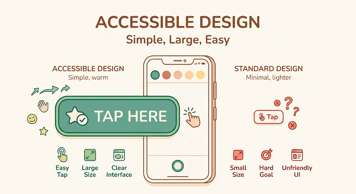 A smartphone showing two buttons: a large 48dp green button labeled Easy to tap with a checkmark, and a smaller 24dp red button labeled Hard to tap with an X mark. Simple, clean icon-style illustration.