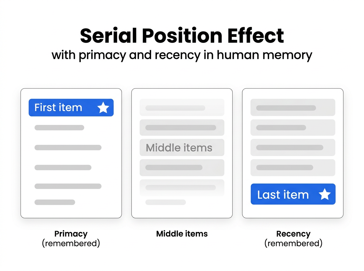 Serial Position Effect: primacy (first), middle (forgotten), recency (last)
